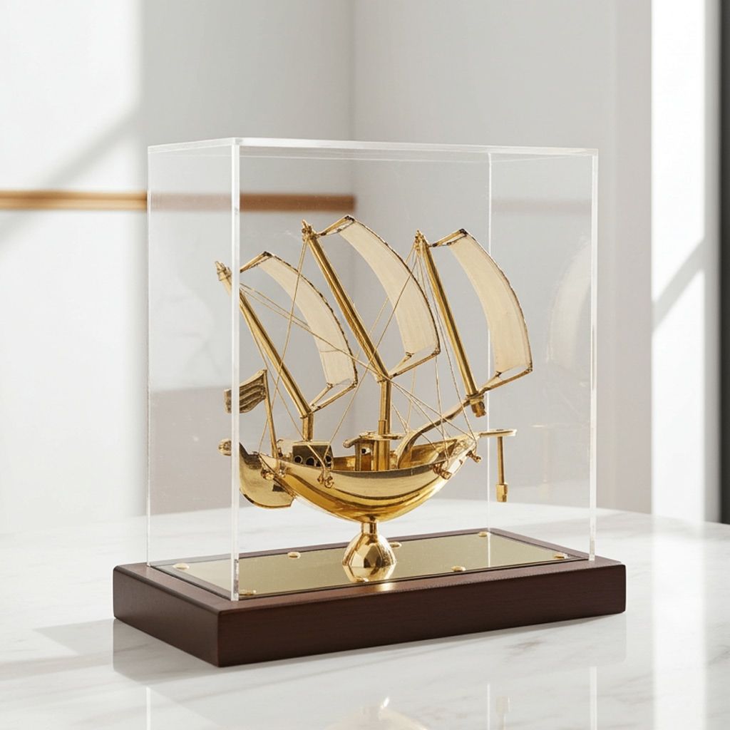 Premium Brass Ship in Clear Display Box � Home Decor Showpiece, Height : 8.5 Inch (MRMAS238 B)