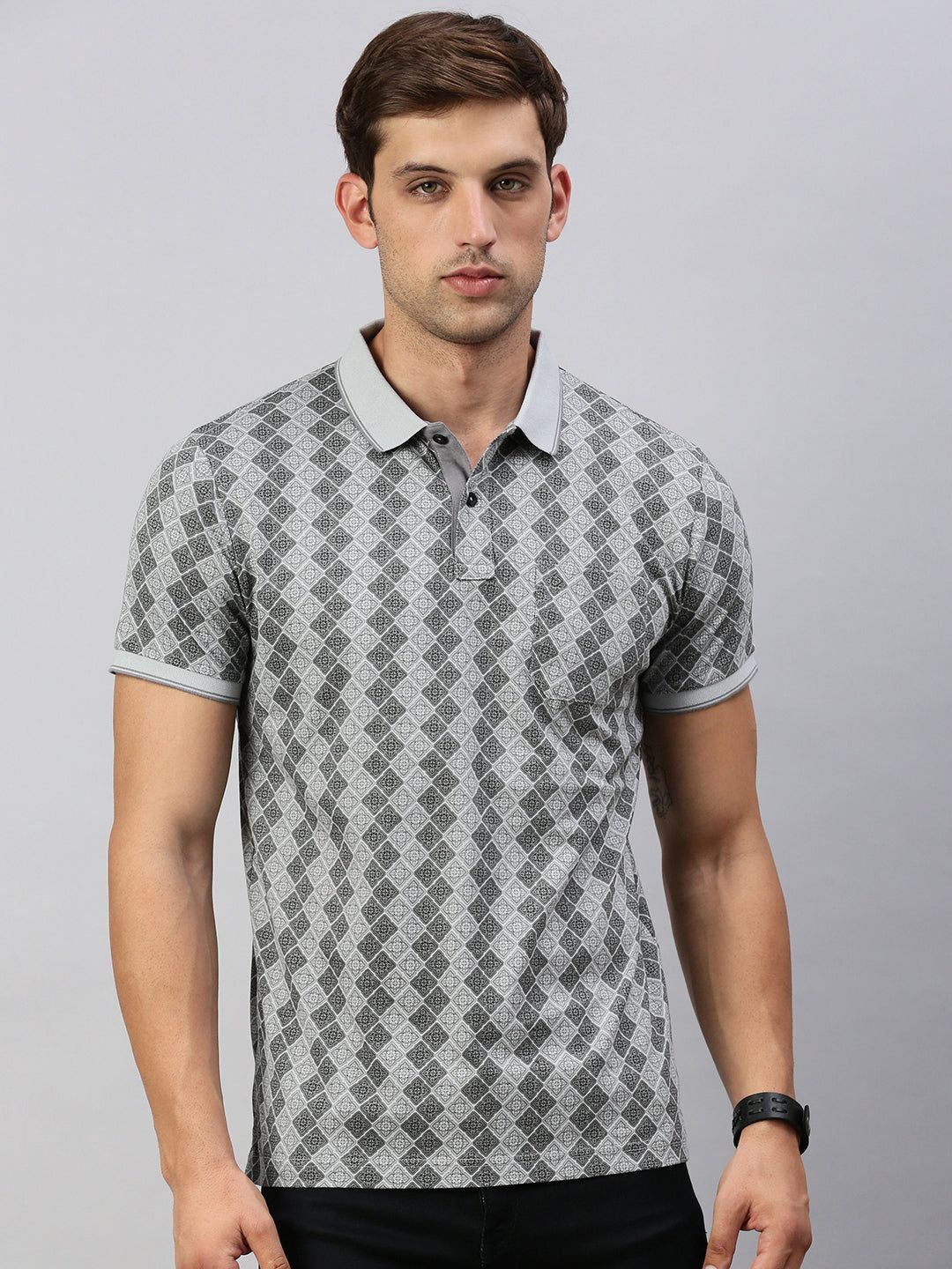Classic Polo Men's Printed Grey/Black Cotton Slim Fit Half Sleeve T-Shirt | BELLO - 294 A SF P