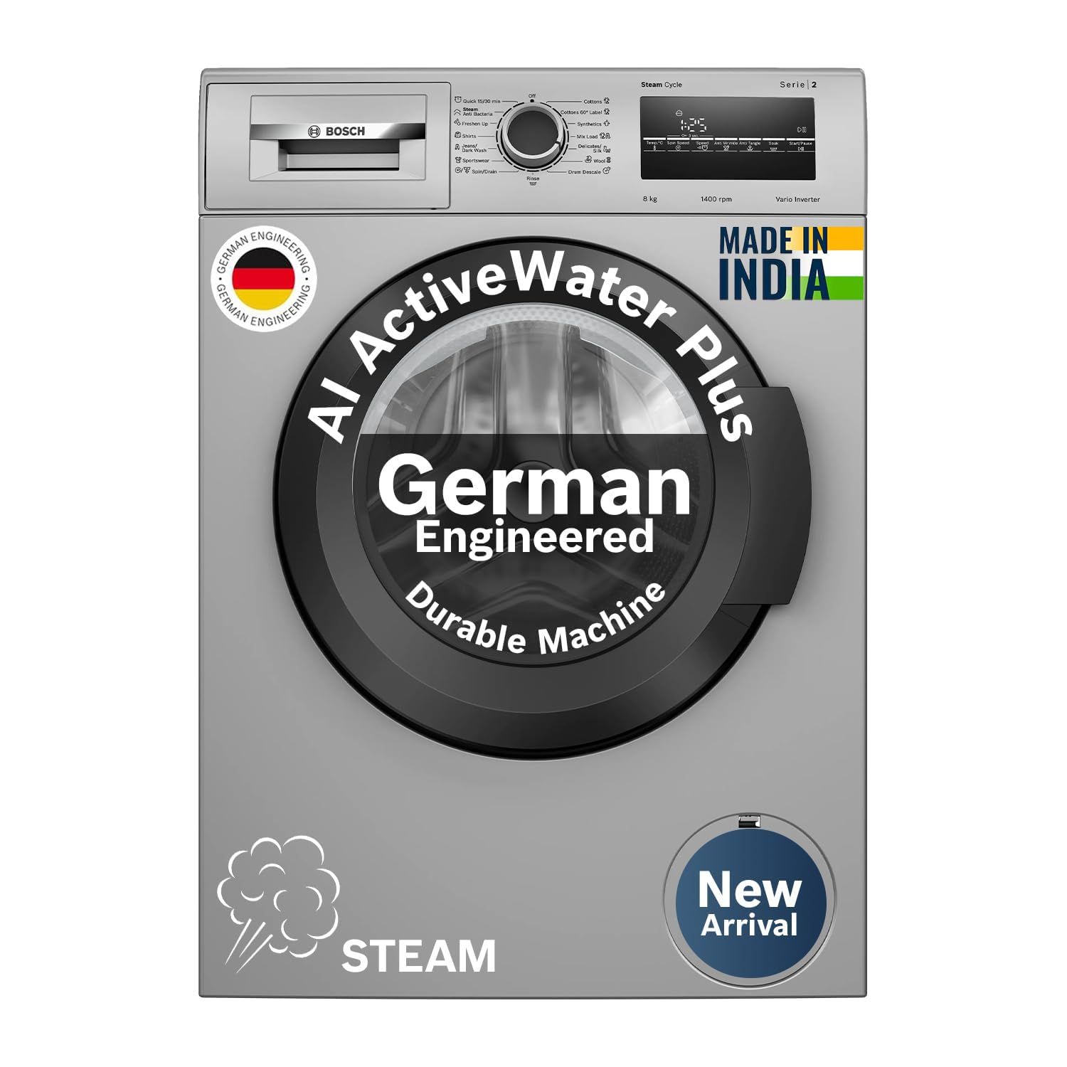 Bosch 8 kg 5 Star Front Load Fully-Automatic Washing Machine, Steam Hygiene, AI ActiveWater, 15 Wash Programs, No Tangle or Wrinkle, SoftCare Paddle, Shiny Silver, WAJ2826BIN Bosch 8 kg 5 Star Front Load Fully-Automatic Washing Machine, Steam Hygiene, AI