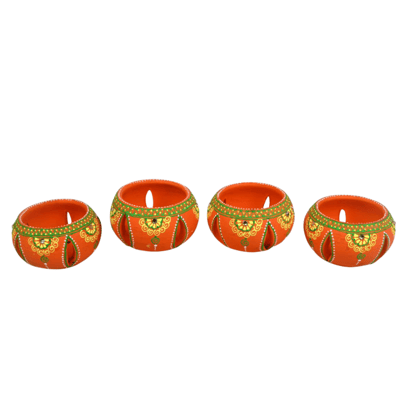 DECOREER Orange Terracotta Jali Tealight Holder Set of 4