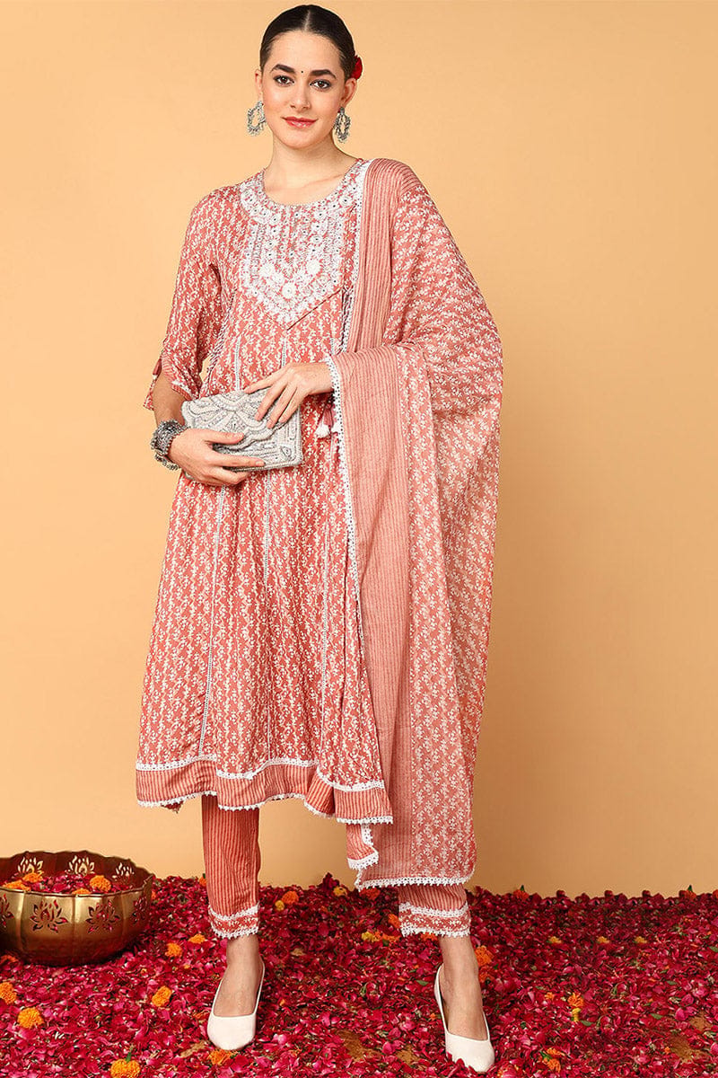 Mauve Viscose Rayon Ethnic Motifs Printed Flared Kurta Trouser With Dupatta VKSKD2143