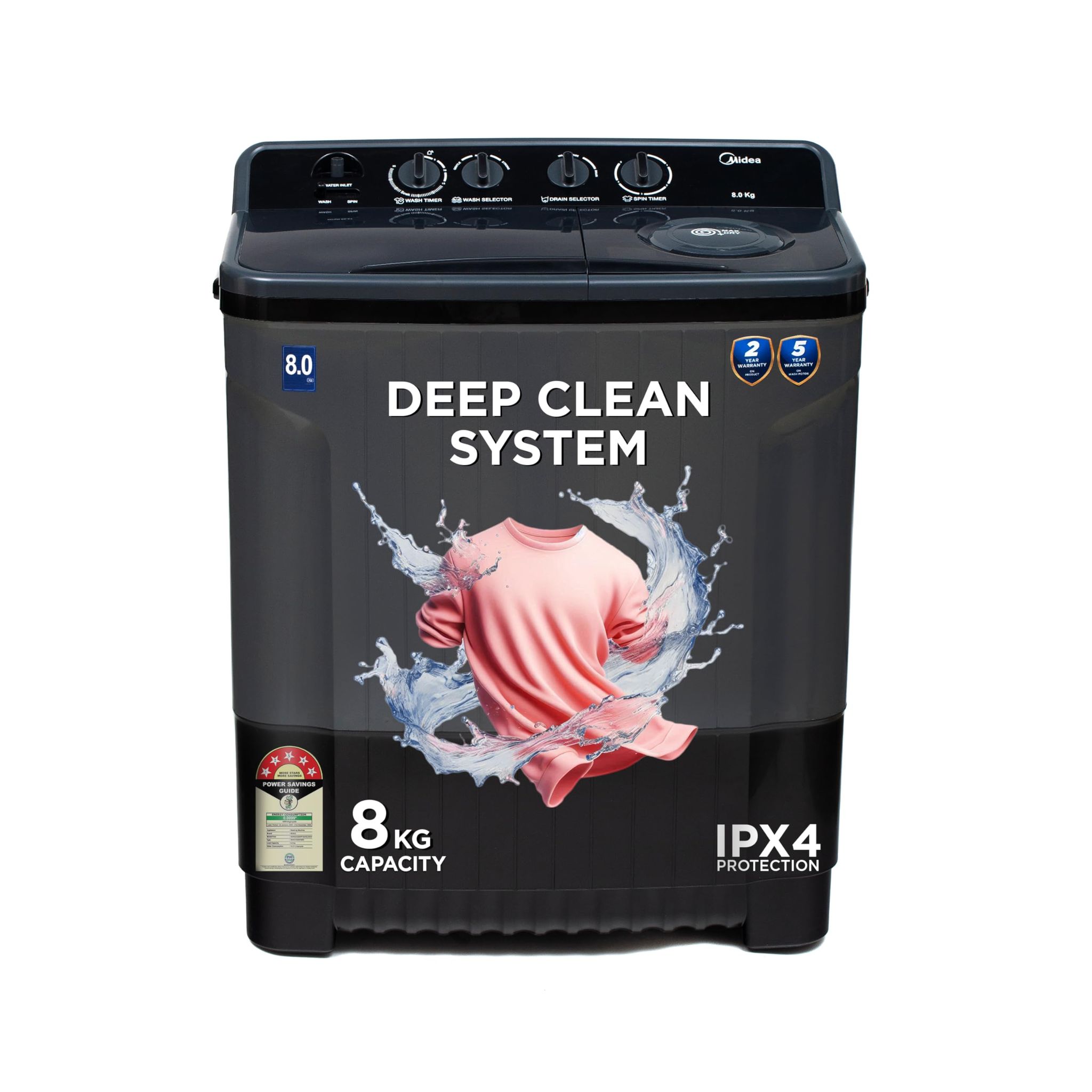 Midea 8 Kg 5 Star Semi Automatic Top-Load Washing Machine Black Grey (MWMSA080PPG(KG), Rat Away Feature, Air Jet Dry IPX4 Protection) Midea 8 Kg 5 Star Semi Automatic Top-Load Washing Machine Black Grey (MWMSA080PPG(KG), Rat Away Feature, Air Jet Dry IPX
