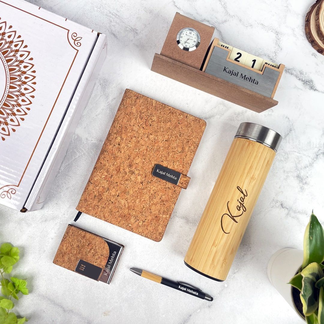 Custom 5-in-1 Cork Gift Set - Diary, Pen, Organizer & Bamboo Bottle
