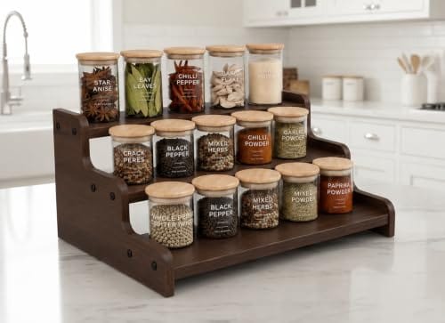 3 Tier Wooden Kitchen Shelf Organisers & Shelf Riser for Counter Top