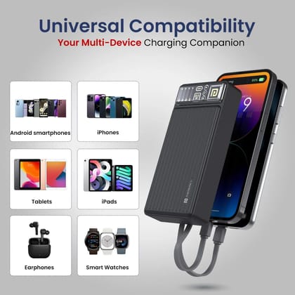 Portronics Luxcell Bind 20K 20000mAh Fast Charging Power Bank with Built-in Type-C PD & 8-Pin Cables | 22.5W Fast Charging | Triple Output | LED Battery Indicator | USB-A Mach Output | BIS Certified | Portable Charger for iPhone, Android, Tablets (Black)