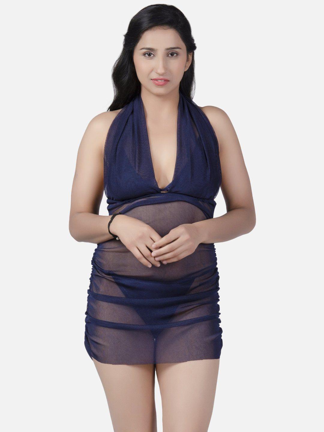 Sheer Net Hot Navy Blue Babydoll Bikini Night Dress for Honeymoon K12N