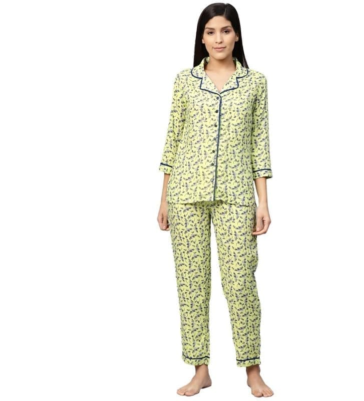 Women's Casual 3/4 Sleeve Floral Printed Rayon Shirt with Pyjama Pant Night Suit Set (Green, M)-PID48560