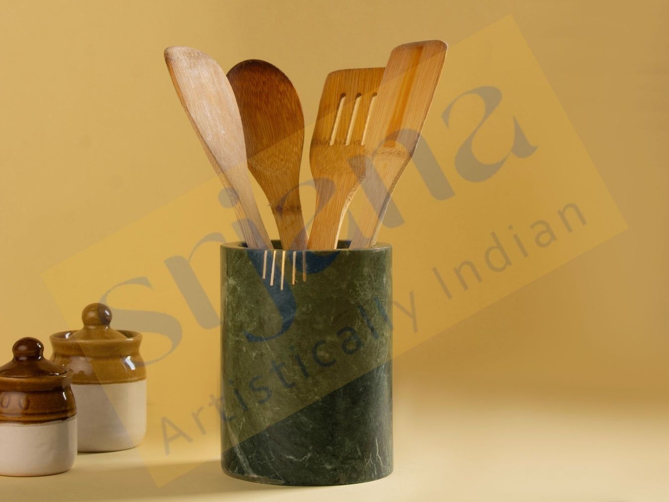 Srjana Green Marble Brass Inlay Cutlery Holder 1pc