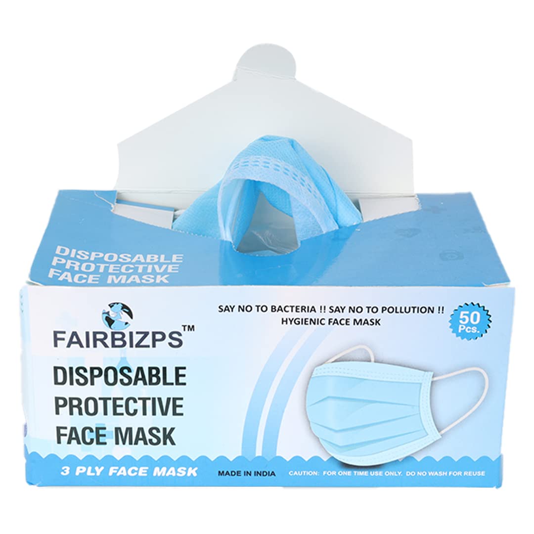 FAIRBIZPS Fabric Disposable Face Mask with Nose Clip (Blue, Pack of 50), 3 Ply Mask, Suitable for Home, School, Office and Outdoors
