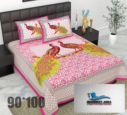2001-Bedsheet Adda-Pure Cotton Jaipuri Printed Double Bedsheet With 2 Pillow Covers-FULL MOOR BLUE