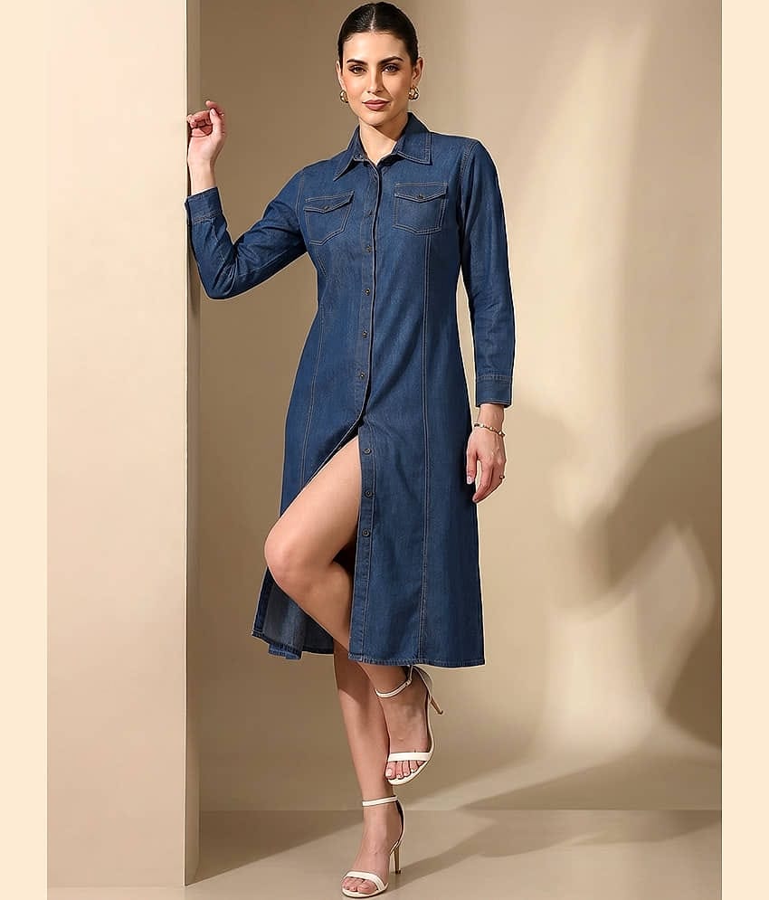 Addyvero Women Denim Solid A-line Dress ( Light Blue )