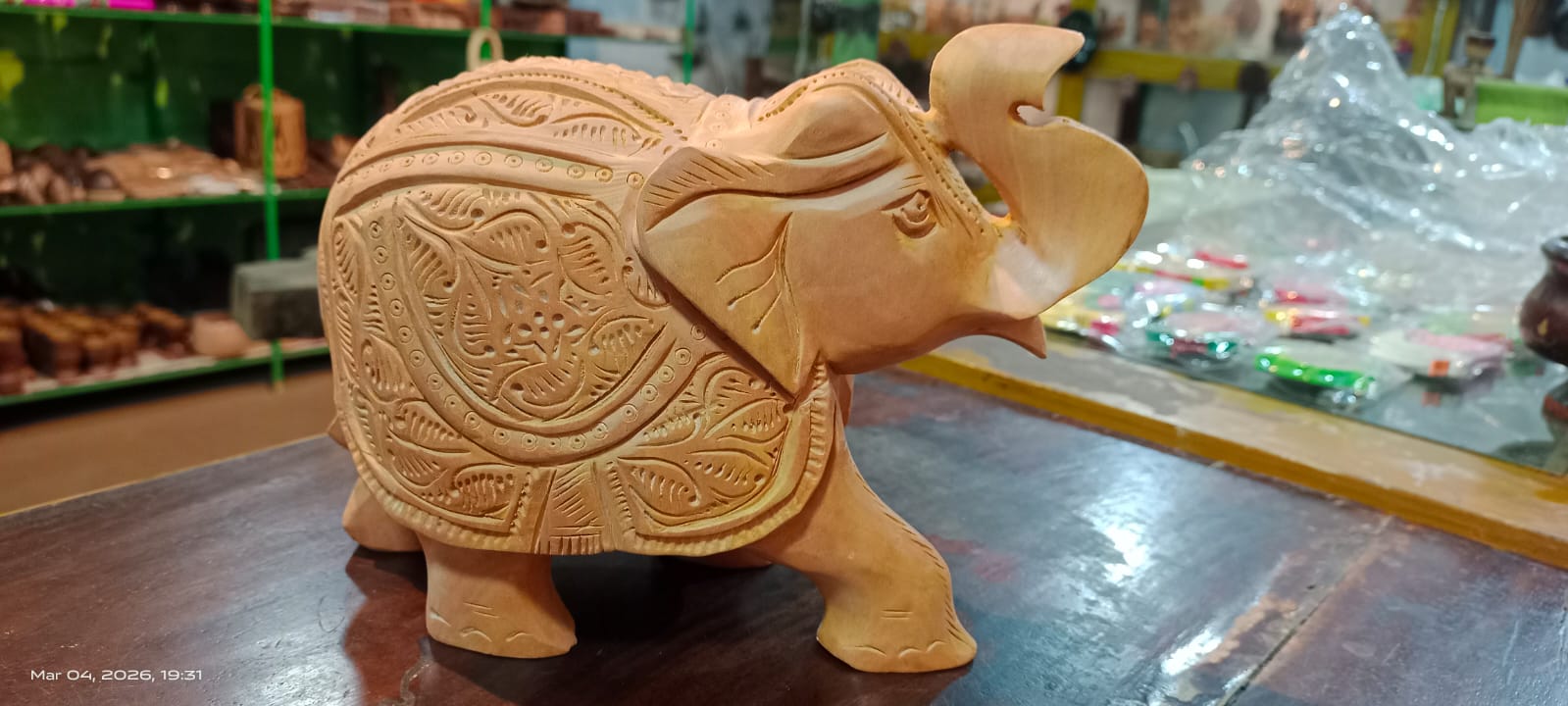 Biraj Chanda Hand-Carved Wooden Elephant Statue (1 unit) | Intricate Floral Detailing | Home Decor & Gift Item