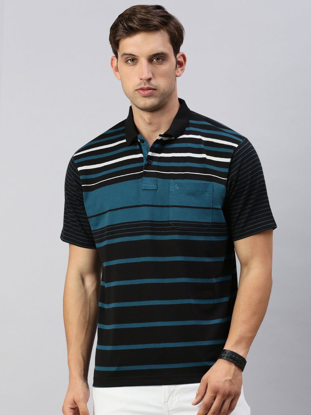Classic Polo Men's Half Sleeve Black/Teal Polo Neck Authentic Fit Striped T-Shirt | AVON - 587 B AF P