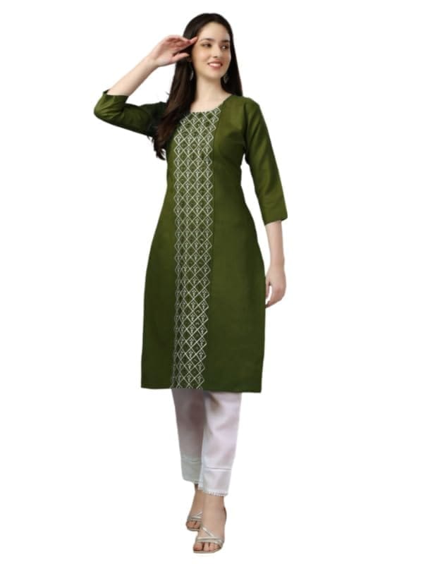Women's Casual 3-4 th Sleeve Embroidery Cotton Kurti (Dark Green, M)-PID50240