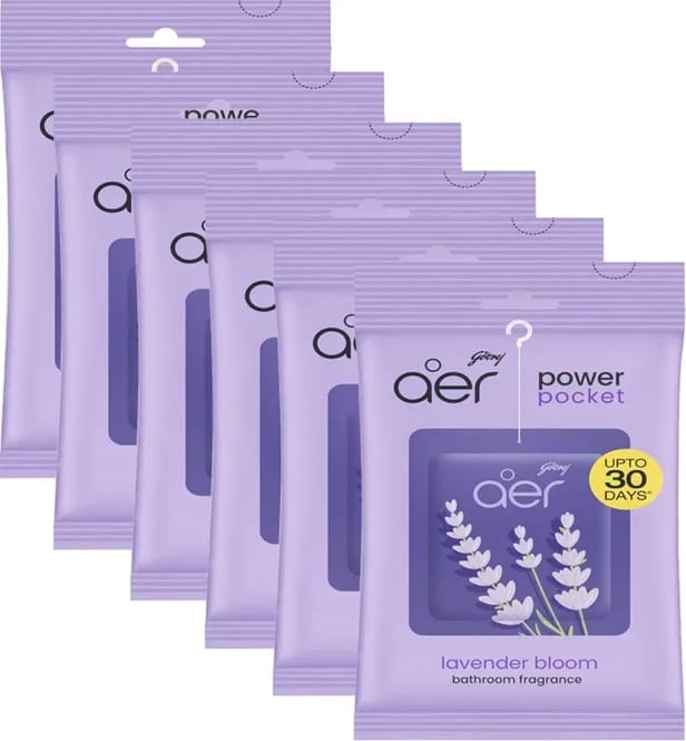 Godrej aer Power Pocket Bathroom Freshener  Lavender Bloom (10g) | Lasts up to 30 days | Germ Protection (Pack of 6)