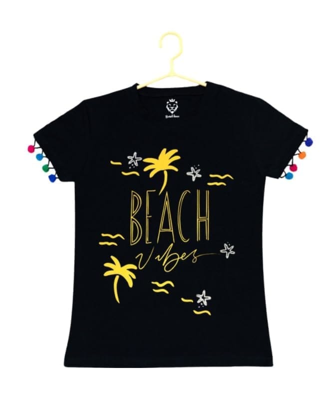 Girl's Casual Short Sleeve Printed Cotton T Shirt (Black, 7-8-Yrs)-PID49318