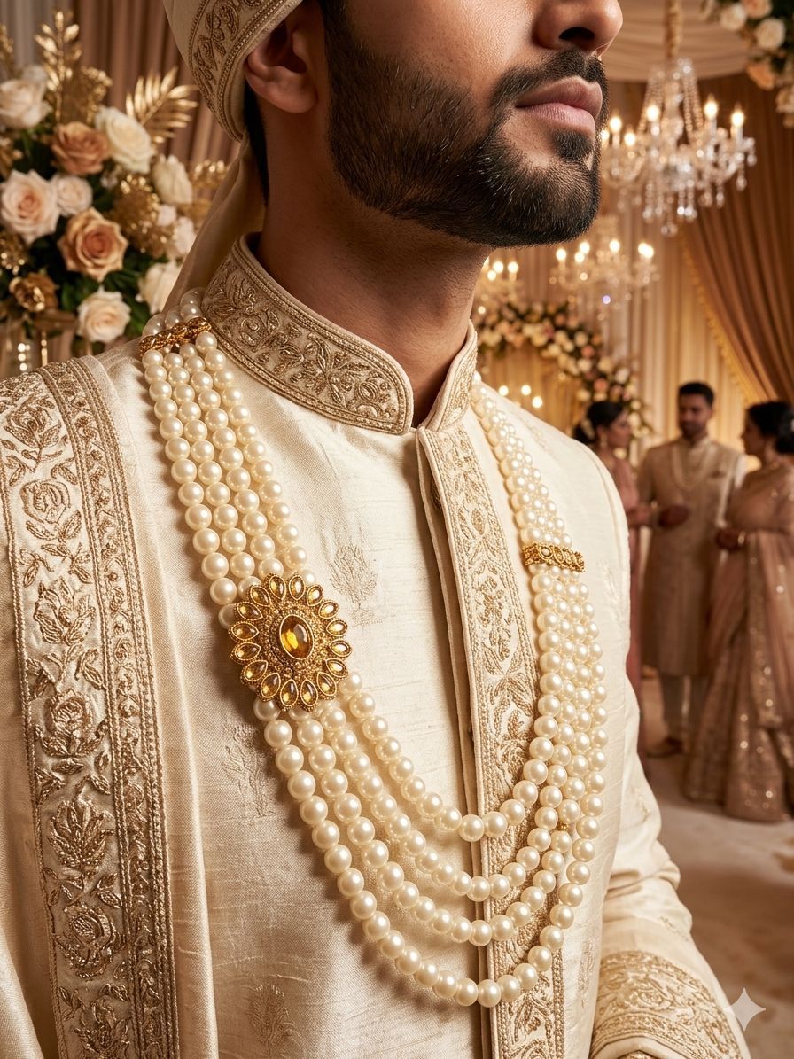 white pearl necklace ford groom and party wear