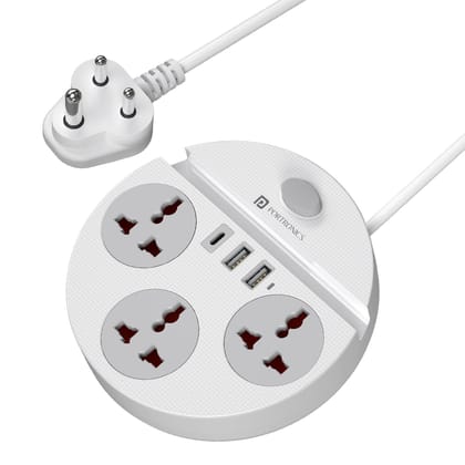 Portronics Power Plate 5 Pro Universal Sockets x3, 2 USB-A & 1 Type-C Port,  Built-in Mobile Holder, 2M Long Cord,  Overload & Surge Protection - White