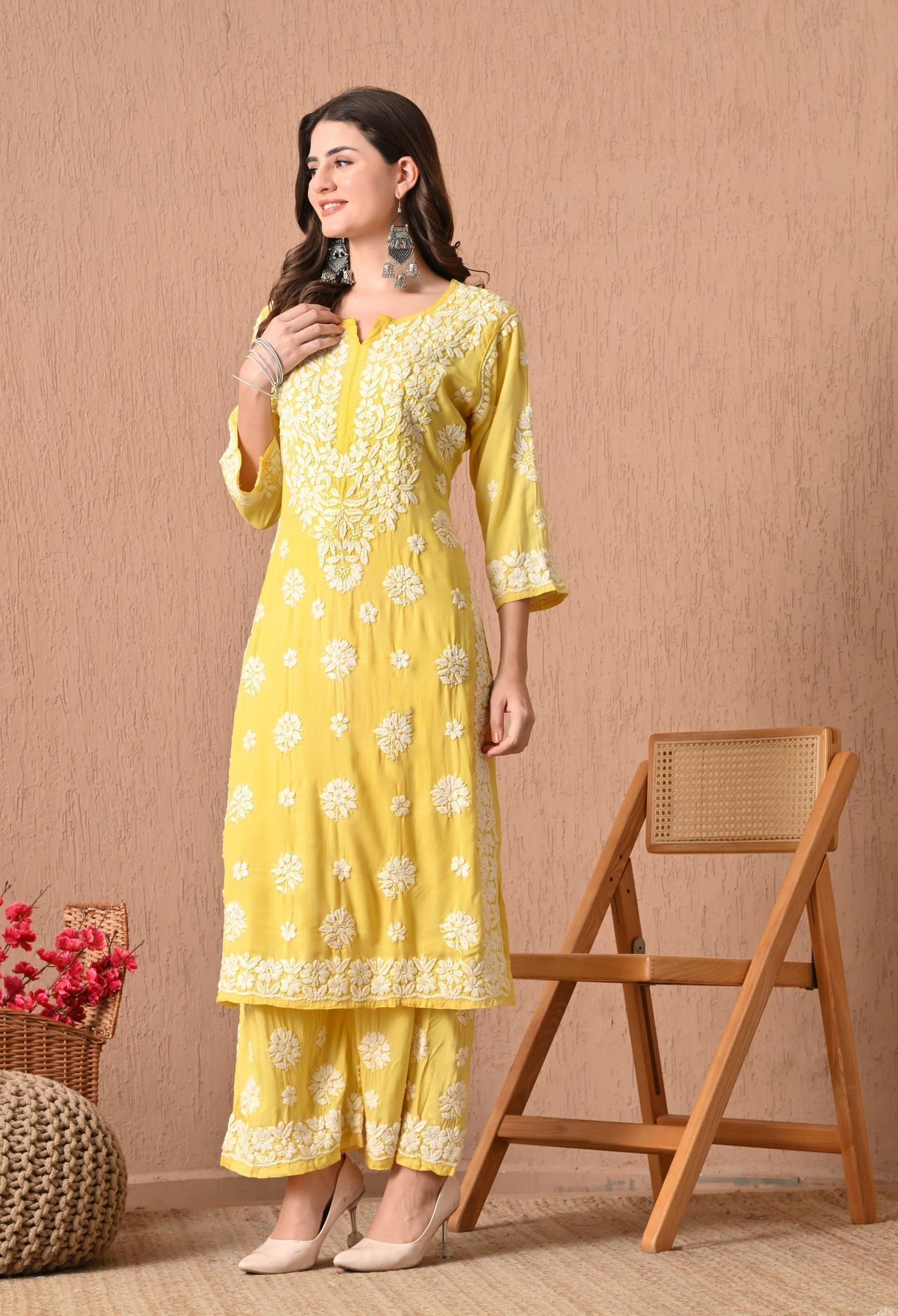 Hand Embroidered Chikankari  Plazo Set 3d Work- Yellow