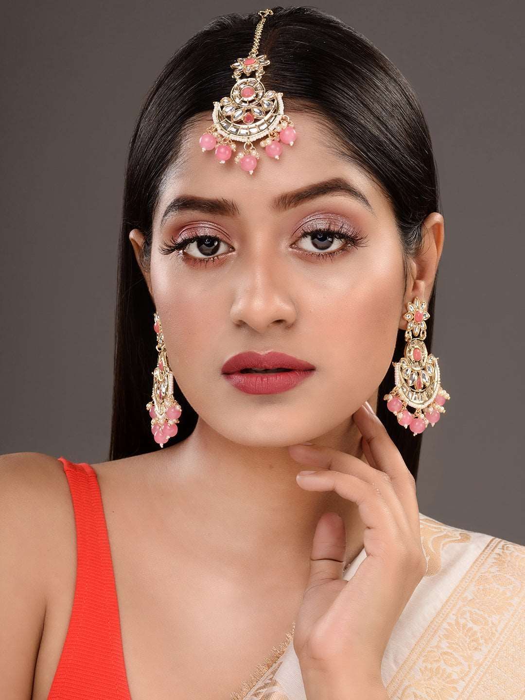Gold Plated Kundan studded Pink & White Pearl beadded Maangtika Earring Jewellery Set
