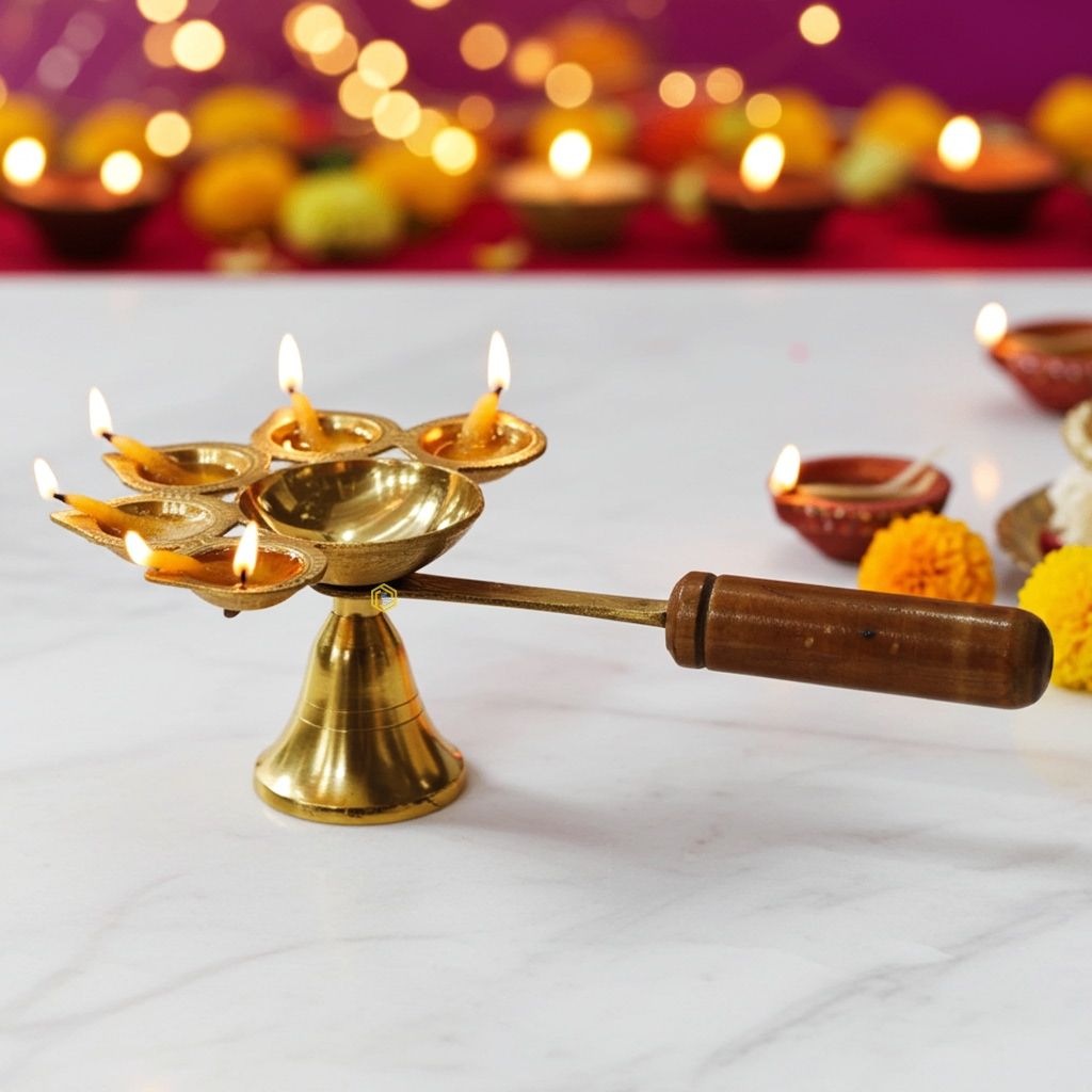 Brass Wooden Handle Panch Arti No. 4 (FMAS649 E)