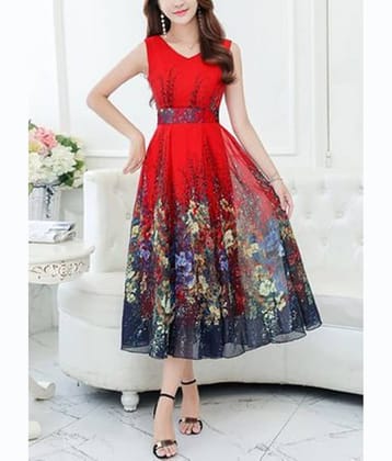 Raabta Fashion Women Georgette Printed Fit & Flare Dress ( Red )