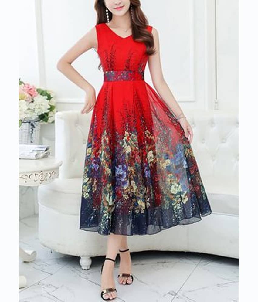 Raabta Fashion Women Georgette Printed Fit & Flare Dress ( Red )