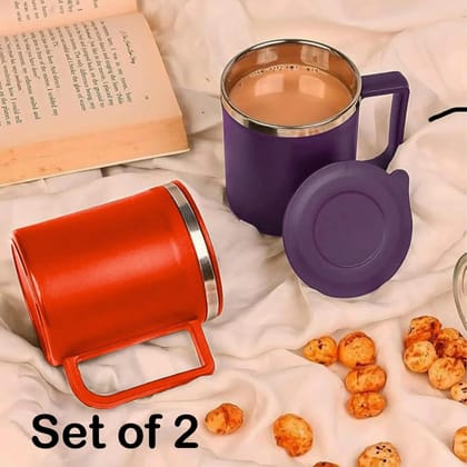 2 Pcs Happy Mug with Lid Stainless Steel Coffee Mug 200 Ml Red Purple