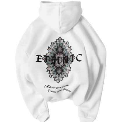 Ami bolchi Mens Ethnic Printed White Hoodie  Winter Hooded Sweatshirt with Back Design