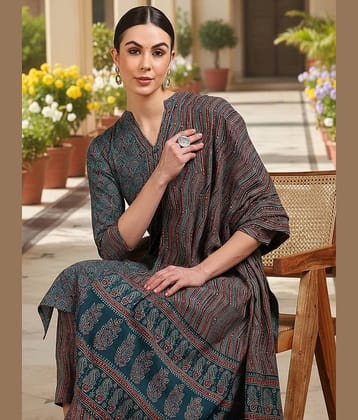 Vaamsi Women Rayon Printed Straight Kurti With Pants ( Teal )
