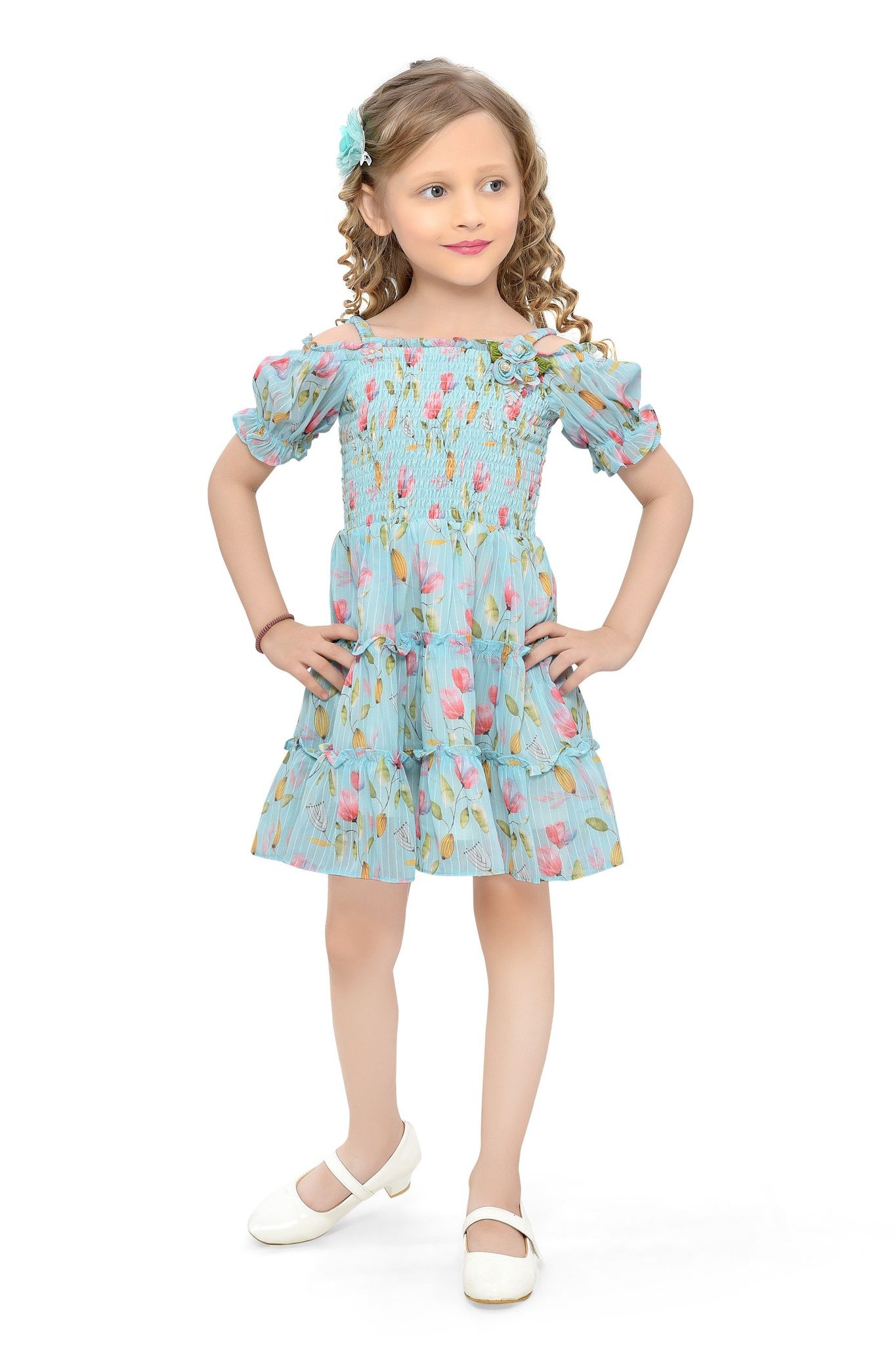Be:Kids Blossom Bliss Blue Floral Smocked Dress with Puff Sleeves