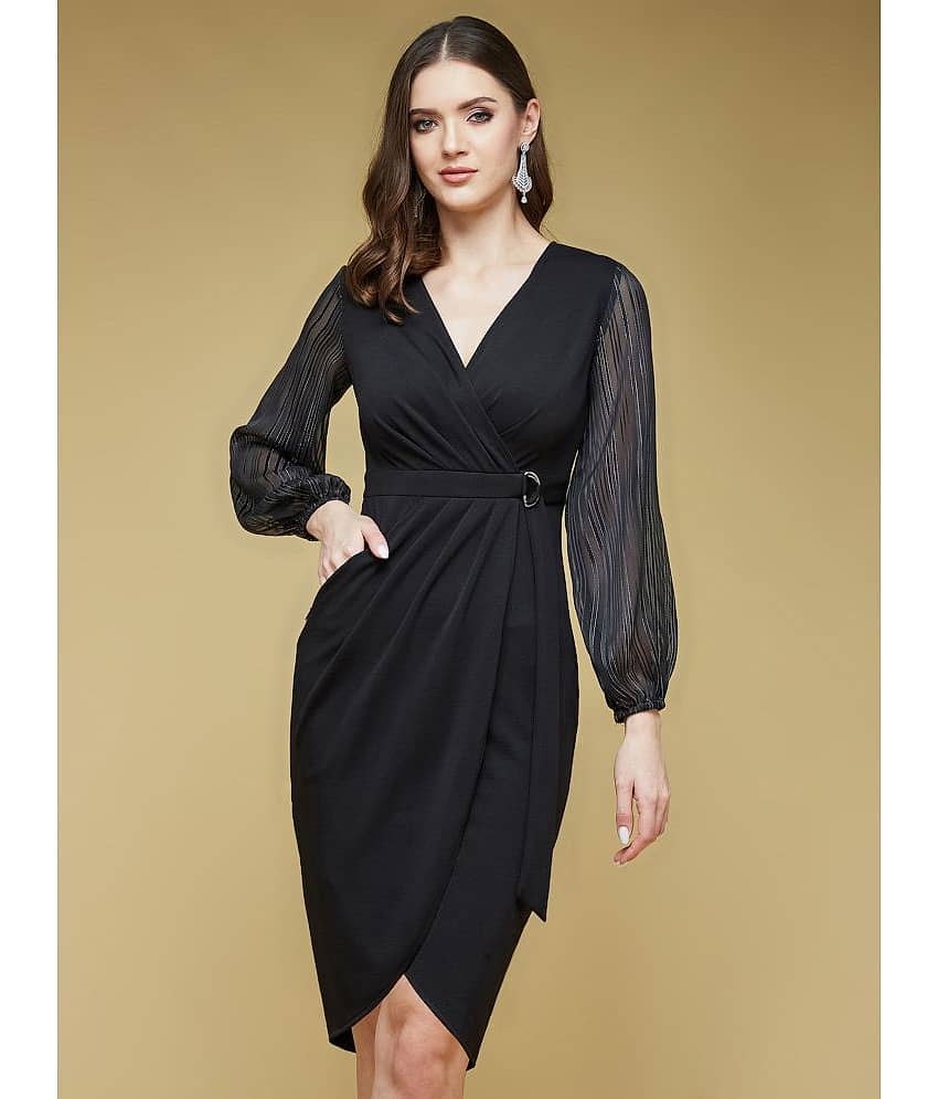 Life with Pockets Women Polyester Solid Wrap Dress ( Black )