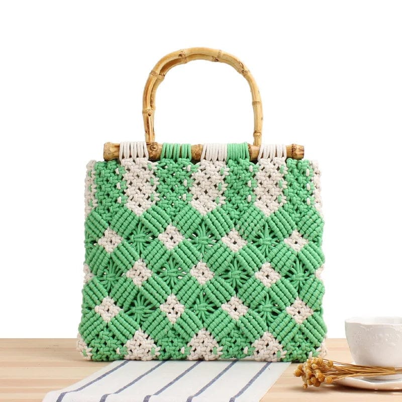 Bohemian Cotton Rope Woven Bag New Style Bamboo Handle Women Straw Handbags