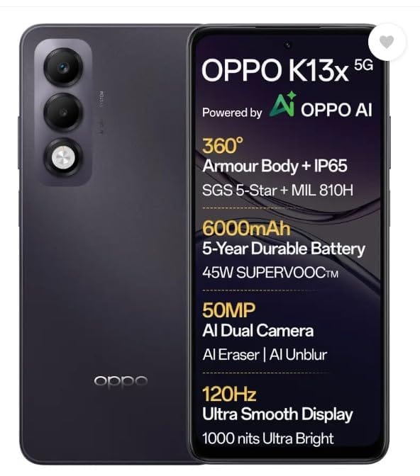 OPPO K13x 5G 6000mAh and 45W SUPERVOOC Charger & AI (Midnight Violet, 128 GB) (6 GB RAM) OPPO K13x 5G 6000mAh and 45W SUPERVOOC Charger & AI (Midnight Violet, 128 GB) (6 GB RAM) - Midnight Violet