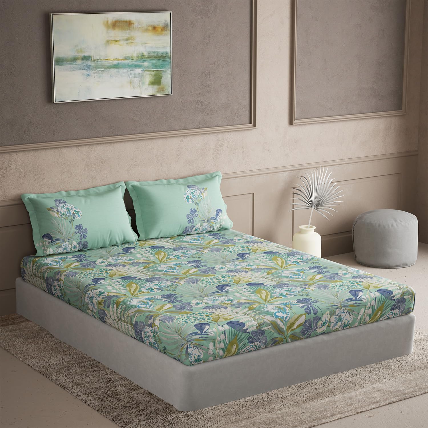 DDECOR - Elemental Collection 100% Cotton Floral Pattern 145TC King Bedsheet |254 CM X 274 CM| Green