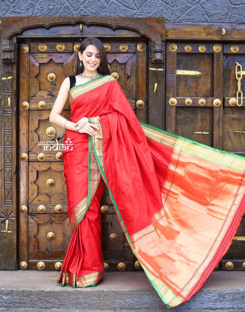 Utsaav ~ Traditional Handloom Pure Silk Jijamata Paithani in Bright Red with Green Border