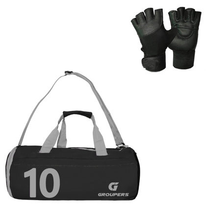 GROUPERS Combo Set of Duffle Polyester Bag with GloveslDuffle Bags Travel (Black 10)
