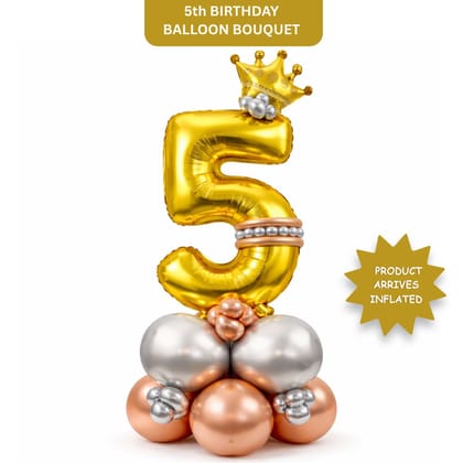 Royal Number 5 Golden Balloon Bouquet Arrangement with Small Crown & Silver, Rosegold Latex Balloons