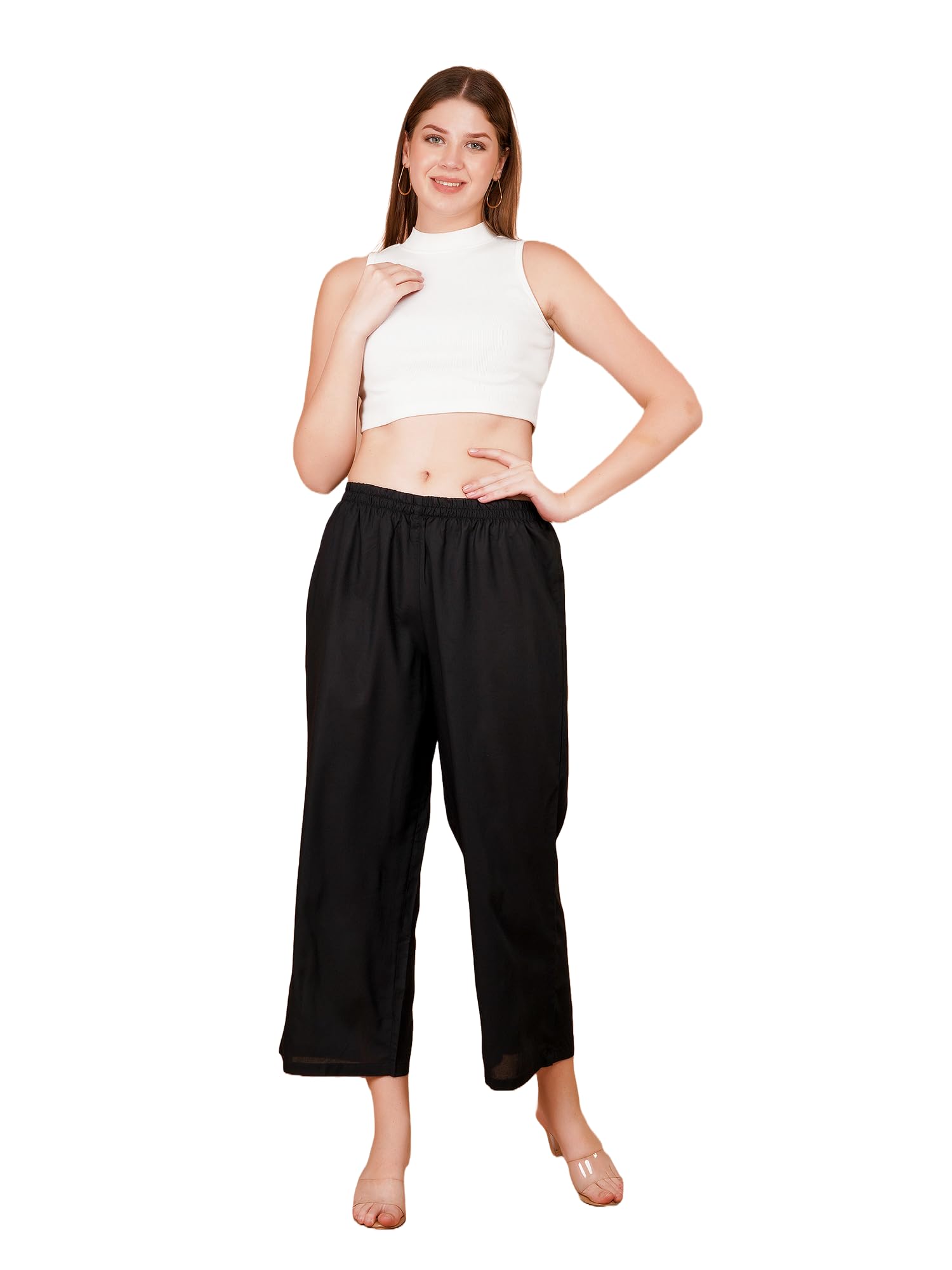 Sufiana Women's Viscose Rayon Wide Leg Palazzo Pants, Black, Elastic Waist, Ankle Length