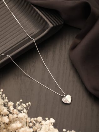 925 Sterling Silver Rhodium Plated Heart Enamelled & Zircon Studded Pendant Necklace & Chain
