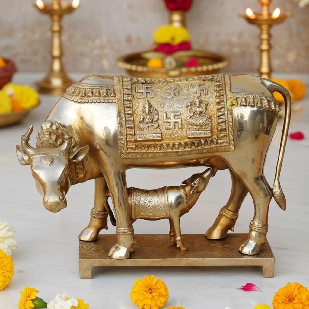 Brass Cow & Calf Idol - Sacred Decorative Statue, Height : 13 Inch (BSMAS805 B)