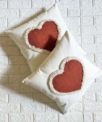 Indihomecraft Handicraft Cotton Cushion Cover - Hand Embroidery Decorative Art Boho Pillow Heart Shape Pillow Cover | Hand Stitch Square Shape 18X18 Inches Cushion Cover, Set of 2
