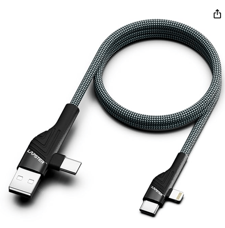 Lapster Rapidzz 4 IN 1 Type C 1 mtr Multi Functional with Nylon Braided Fast for Android, iOS Devices (Compatible with Smartphones, Tablet, Laptop, Macbook, Black, One Cable)