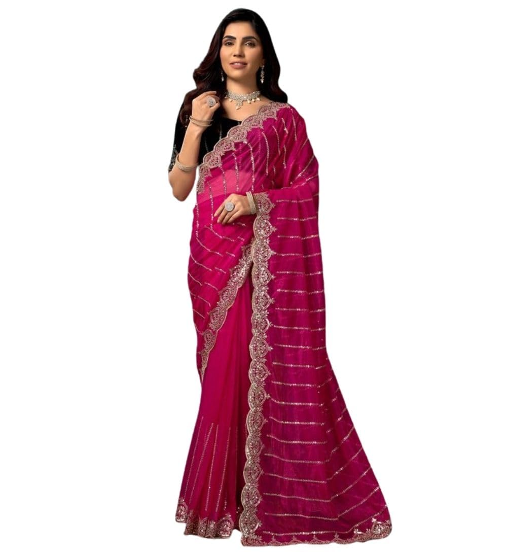 Women's Net Sequence Saree With Unstitched Blouse 5.5Mtr (Pink)-PID65957