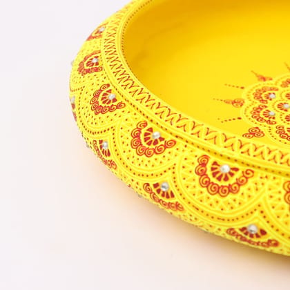 DECOREER Yellow Terracotta Urli with Golden Motifs