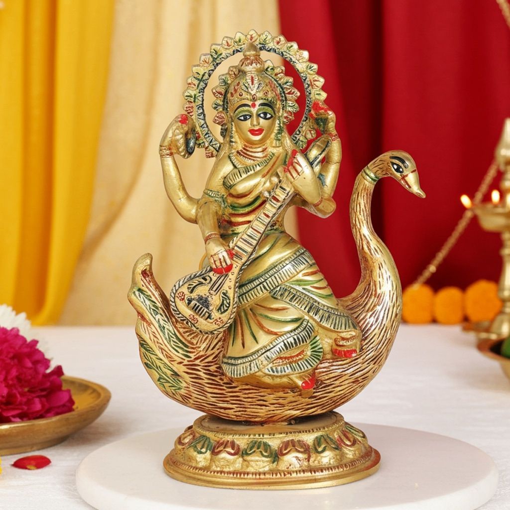 Brass Saraswati Devi Idol - Elegant Home Temple Statue, Height : 8.2 Inch (BSMAS1413 F)