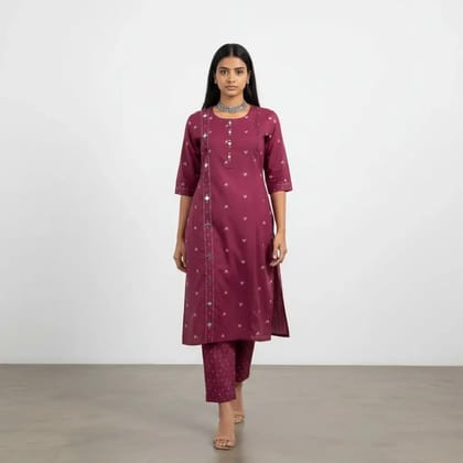 Handloom Cotton Co-Ord Set in Plum with Scattered Buti Motifs