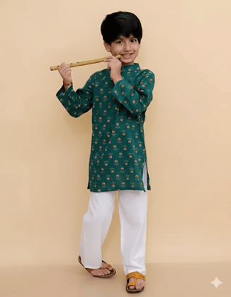 Kabir Kids Fashion Boys Green Printed Kurta Pajama Set Festive Ethnic Wear