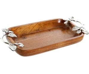 Handicraft Exim Rectangular Wooden Serving Tray | Natural Wood Finish | Elegant Leaf-Design Metal Handles | Decorative & Functional