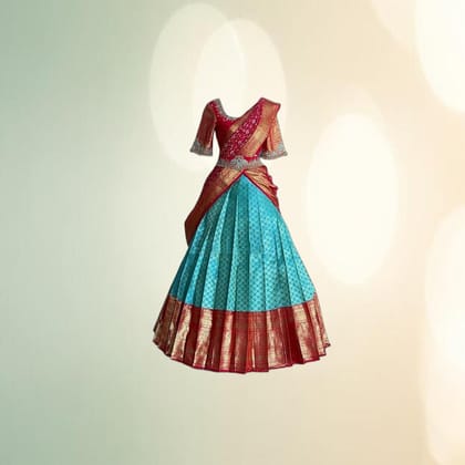 Traditional Girls Langa Voni Half-Saree Set (Turquoise & Red) | Silk Blend | Festive & Wedding Wear